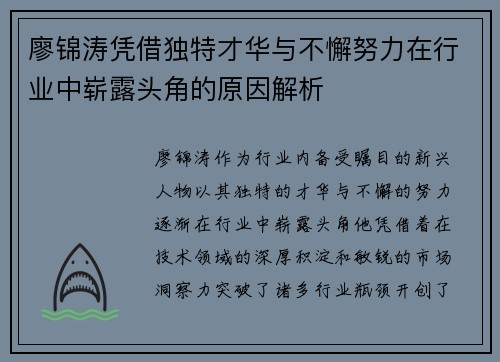 廖锦涛凭借独特才华与不懈努力在行业中崭露头角的原因解析 廖锦涛凭借独特才华与不懈努力在行业中崭露头角的原因解析
