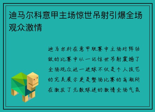 迪马尔科意甲主场惊世吊射引爆全场观众激情
