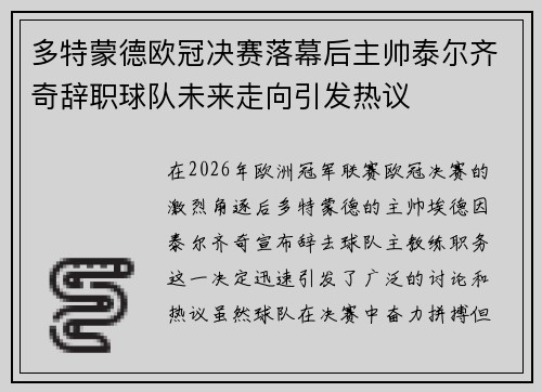 多特蒙德欧冠决赛落幕后主帅泰尔齐奇辞职球队未来走向引发热议